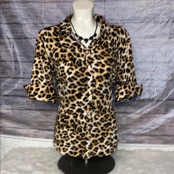 7th Avenue Design Studio New York & Company Leopard Print Button Down Top - Picture 1 of 8
